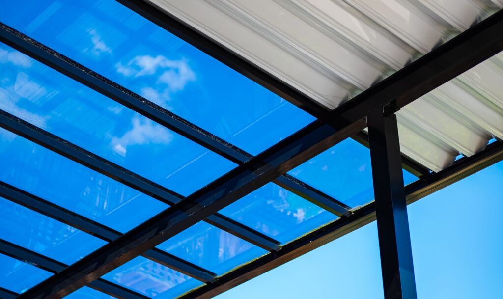 Aluminum pergola for outdoor patio against clear blue sky