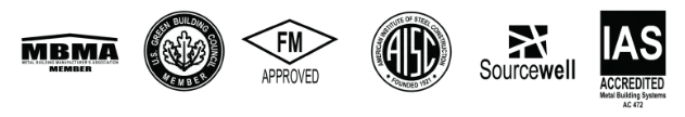 Butler metal building trade associations including MBMA, Factory Mutual, AISC, Sourcewell, IAS, AIA Collaboration Partner, and Green Building Council