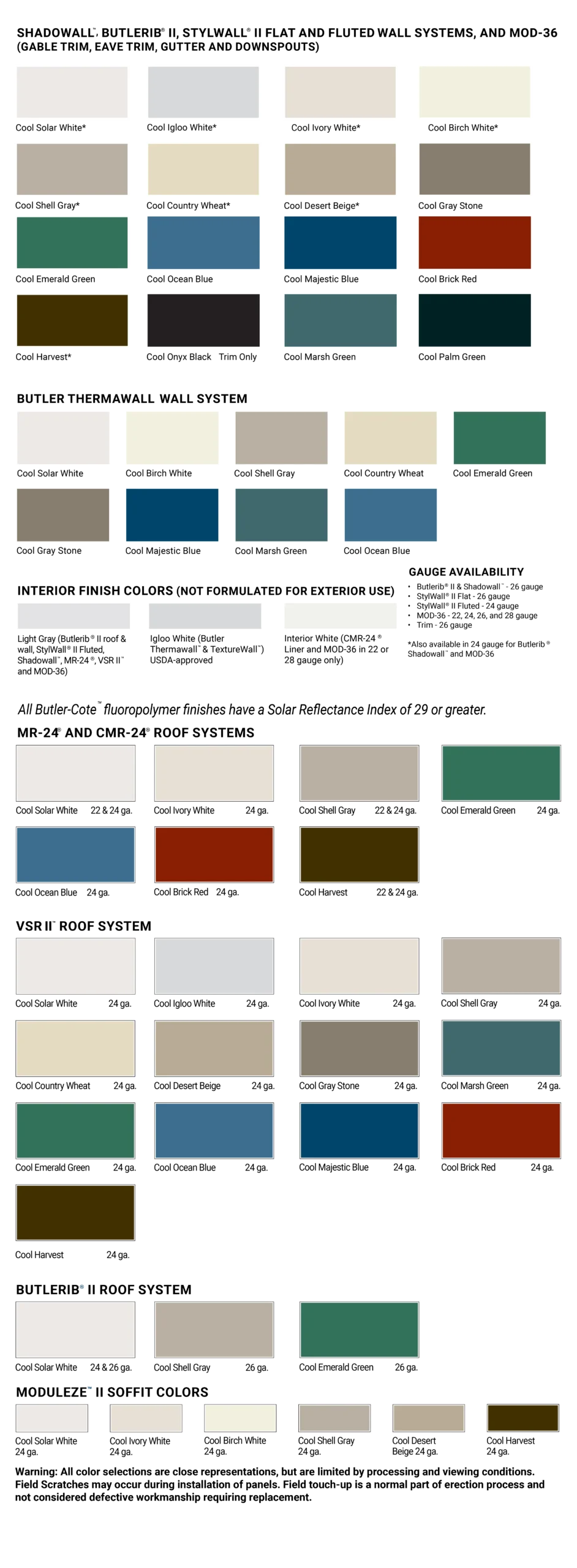 Butler wall and roof color charts for new construction, replacement panels, expansions, and conventional construction