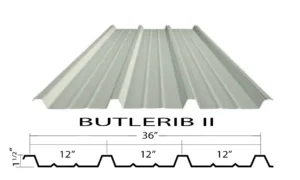 Butlerib II metal wall panel and interior liner panel providing durable exterior protection and a clean interior finish with 1 1/2 inch ribs and Butlercote coating