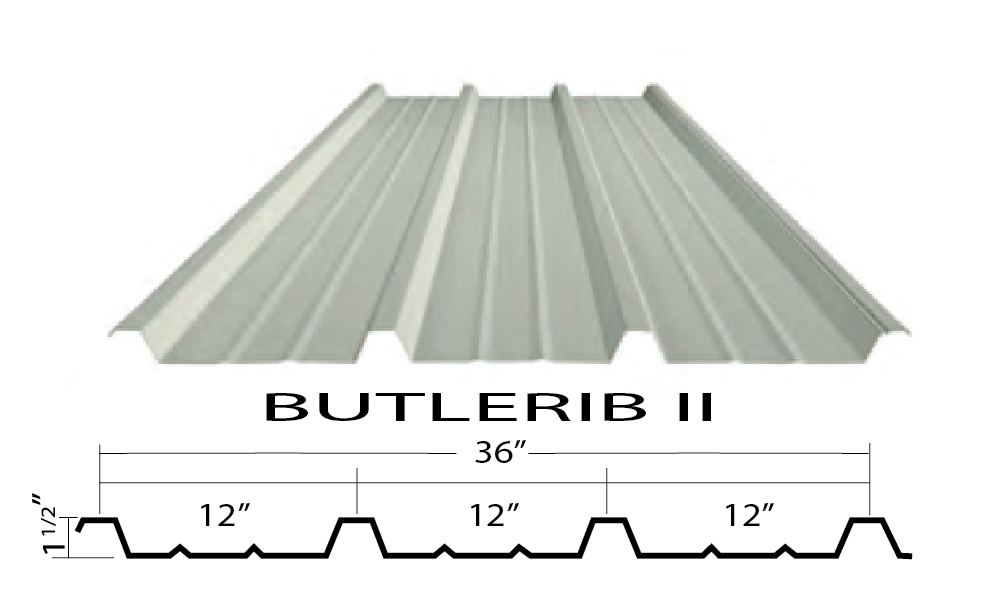 Butlerib II metal wall panel and interior liner panel providing durable exterior protection and a clean interior finish with 1 1/2 inch ribs and Butlercote coating