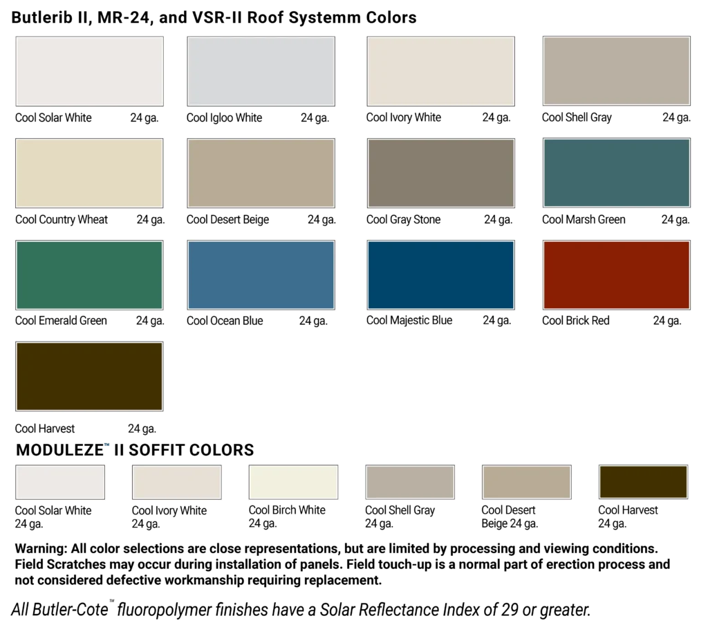 Butler metal roof color charts featuring Butler‑Cote finish options for metal building roof systems