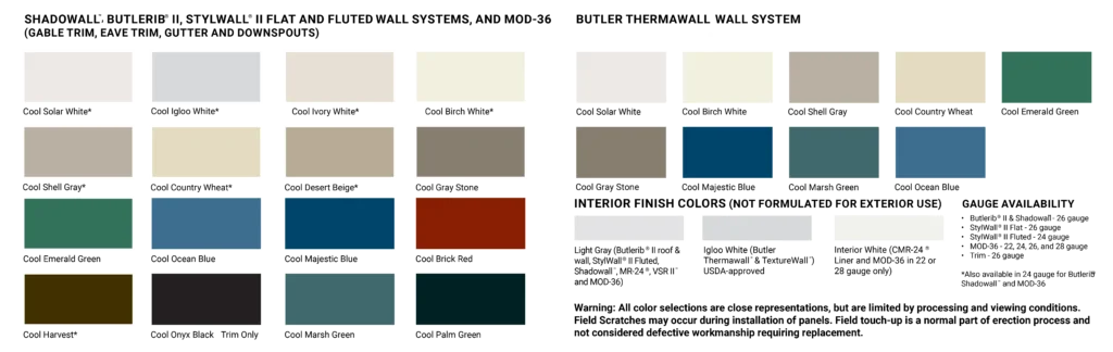 Butler metal wall panel color charts showing Butler‑Cote finish options for durable, energy‑efficient roof and wall systems