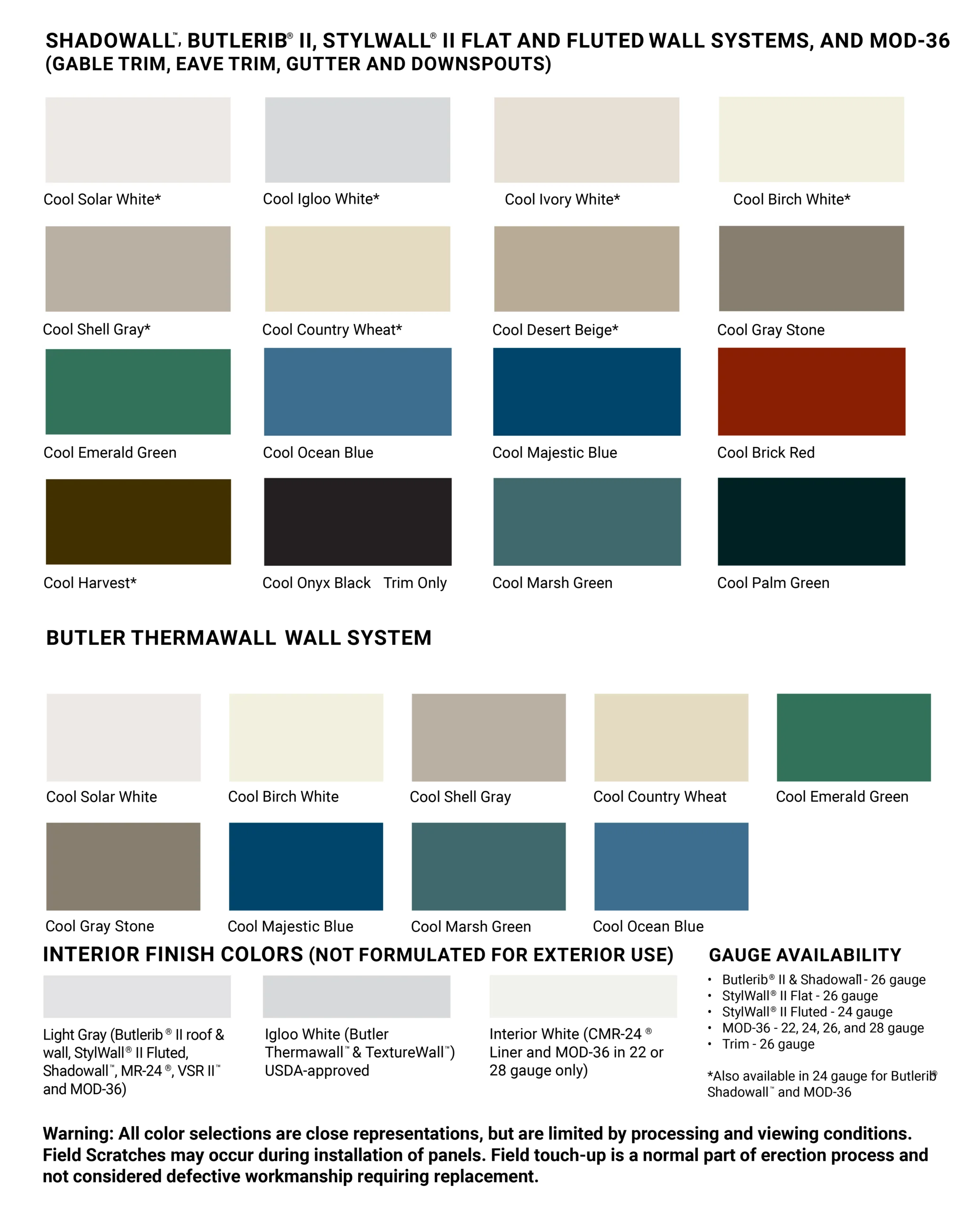 Butler metal wall panel color charts showing Butler‑Cote finish options for durable, energy‑efficient roof and wall systems