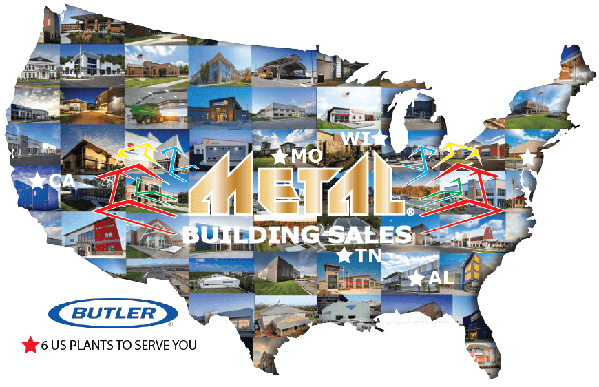 Map of the U.S. showcasing Metal Building Sales projects with images of various building styles, highlighting Butler's six service plants across states.