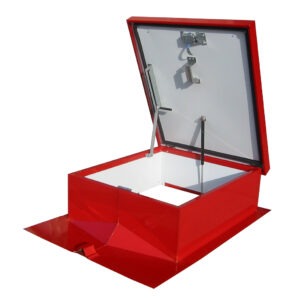 Butler Building roof hatch with fixed interior ladder access and aluminum insulated curb for metal roof systems
