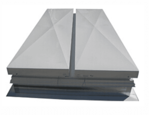 Butler Building UL 793 rated smoke hatch with fusible link activation gas spring controlled opening and galvanized steel twin leaf design for commercial metal building fire safety