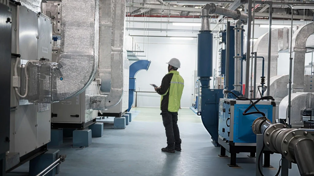Butler Asian Engineer Performing Pipe System Inspection in Modern Industrial Facility