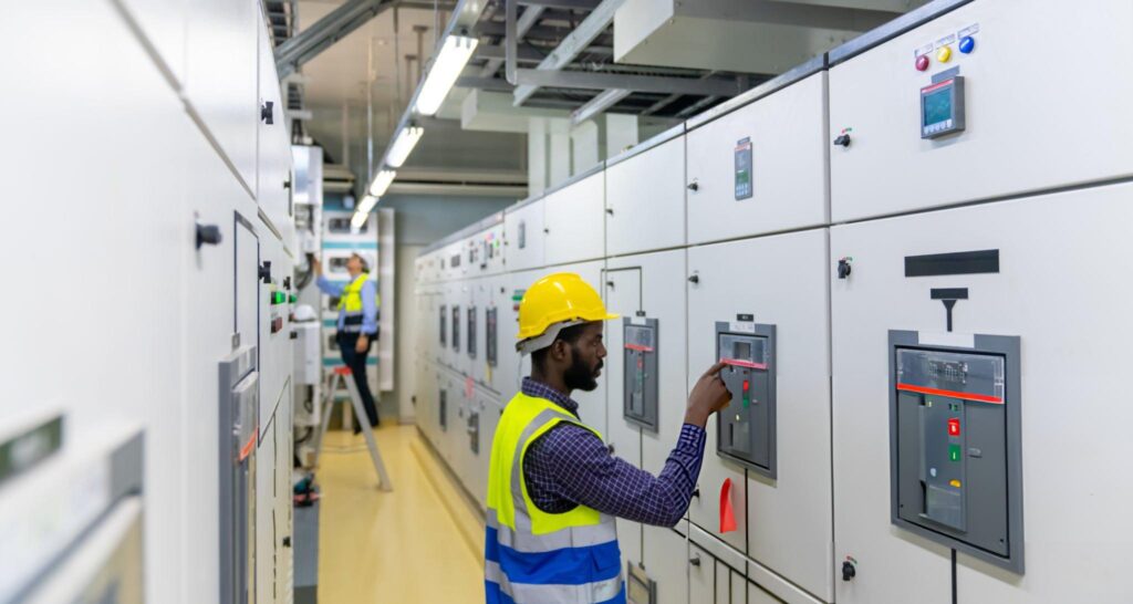 Butler Builder engineer working at factory control room
