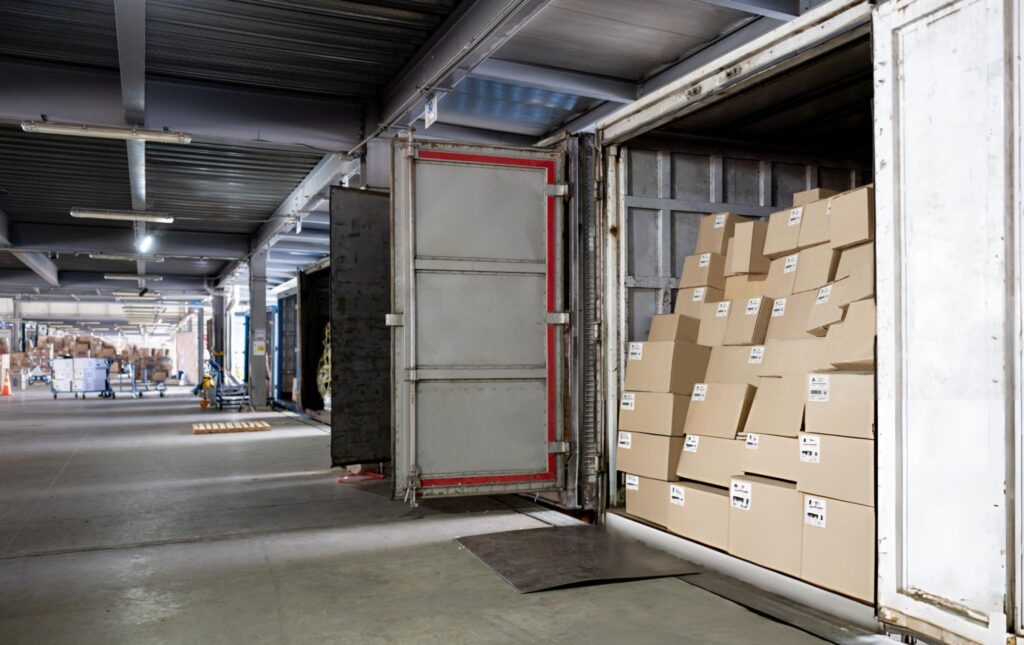 Butler Merchandise packed in boxes in trucks at a commercial dock