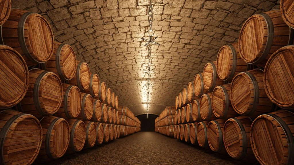 Butler Underground cellar filled with wooden barrels