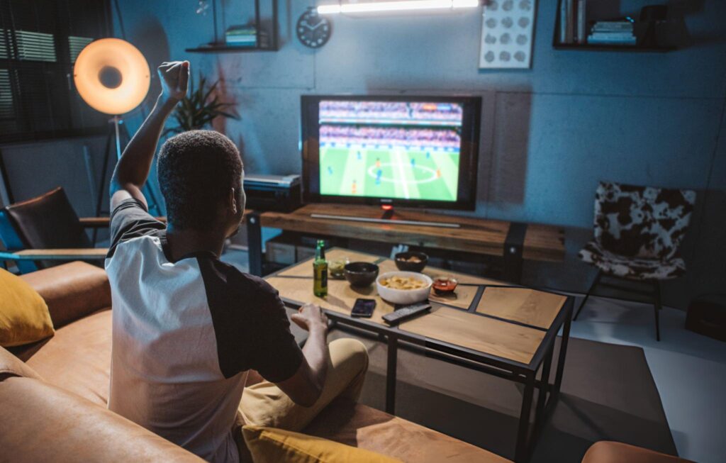 Butler Watching soccer game inside man cave