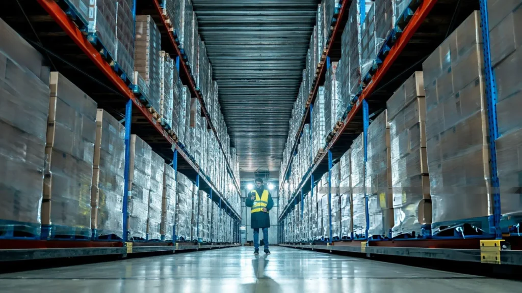 Butler Worker performing inventory check in cold storage warehouse
