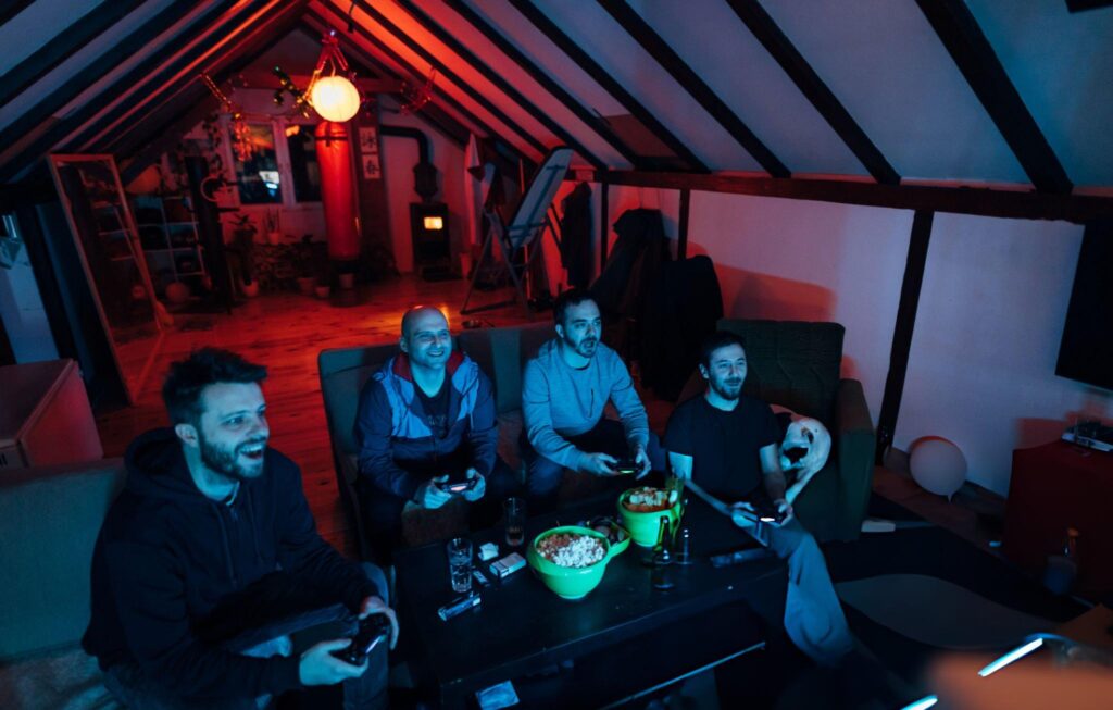 Butler group of friends gathering inside man cave