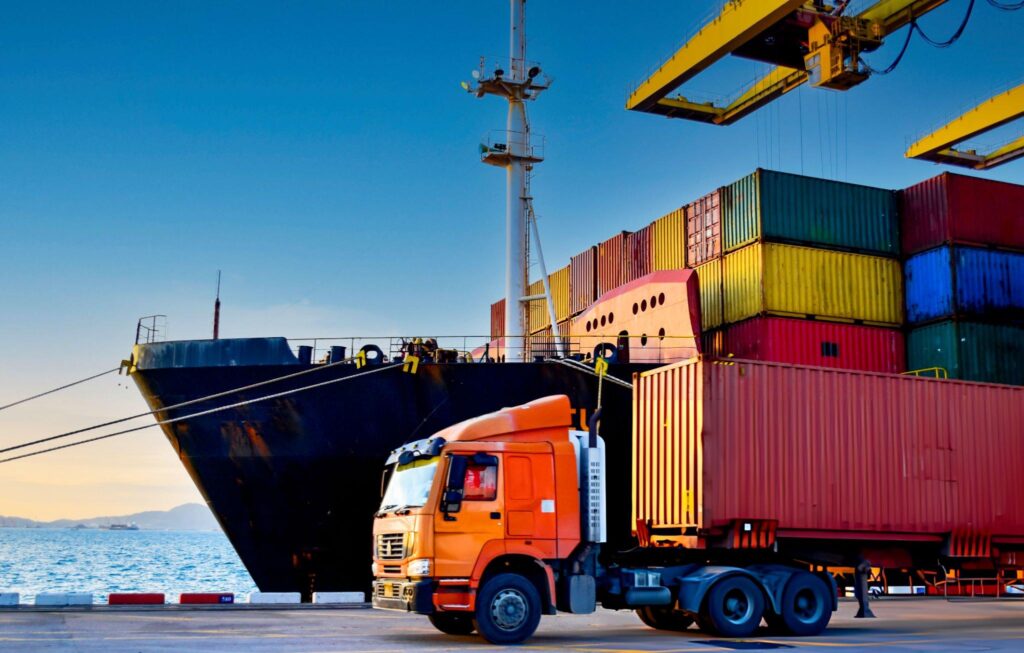 Butler ruck carrying forty-foot container leaving port terminal