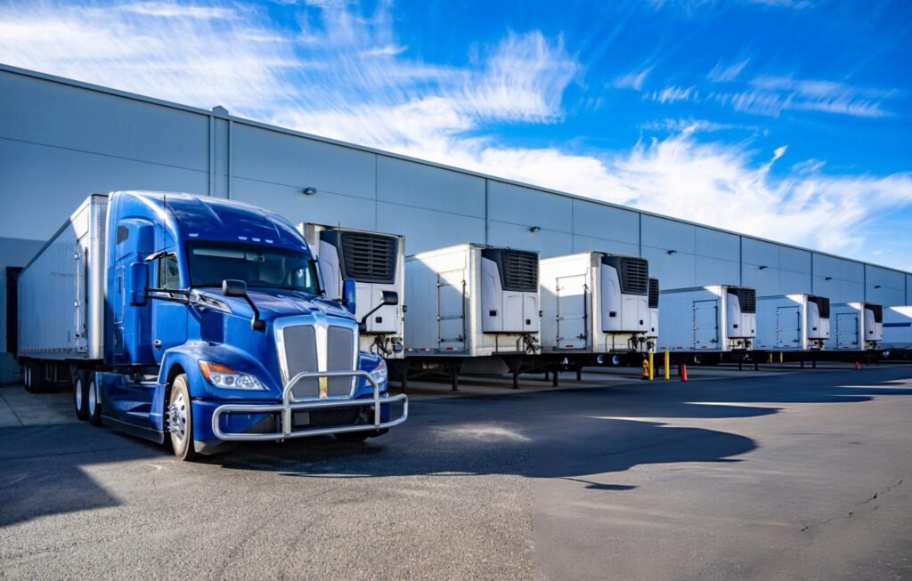 Butler trailer standing in row with another semi trailers in warehouse dock gates
