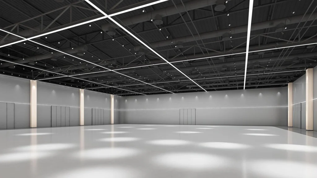 Butler white hall with exterior lighting large internal architecture white open space