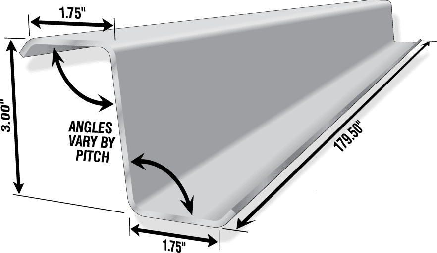 Galvanized steel trim profile showcasing dimensions: 1.75" depth, 3.00" height. Angles vary by pitch, relevant for roofing applications.