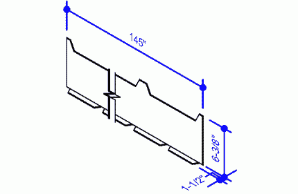 3D technical drawing of a metal component, measuring 145 inches in length, 6.38 inches in height, and 1.5 inches in thickness.