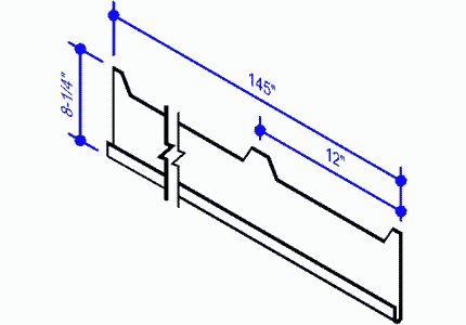 Detailed technical drawing of a metal part, measuring 145 inches long, 12 inches wide, and 8.25 inches high, showcasing its design and dimensions.