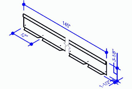 Detailed technical drawing of a component, illustrating dimensions: 145 inches long, 12 inches wide, and 3.18 inches tall. Essential for assembly instructions.