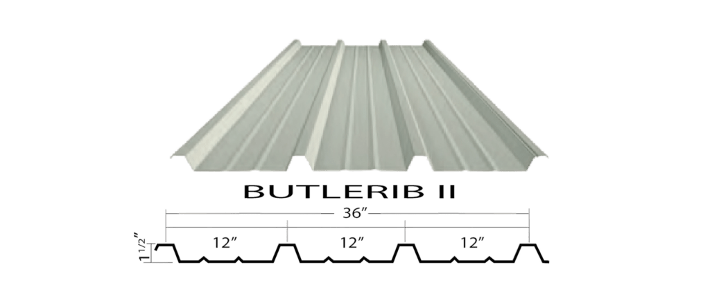 Butlerib II metal wall panel and interior liner panel providing durable exterior protection and a clean interior finish with 1 1/2 inch ribs and Butlercote coating